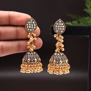 Golden Beads Oxidised Jhumka